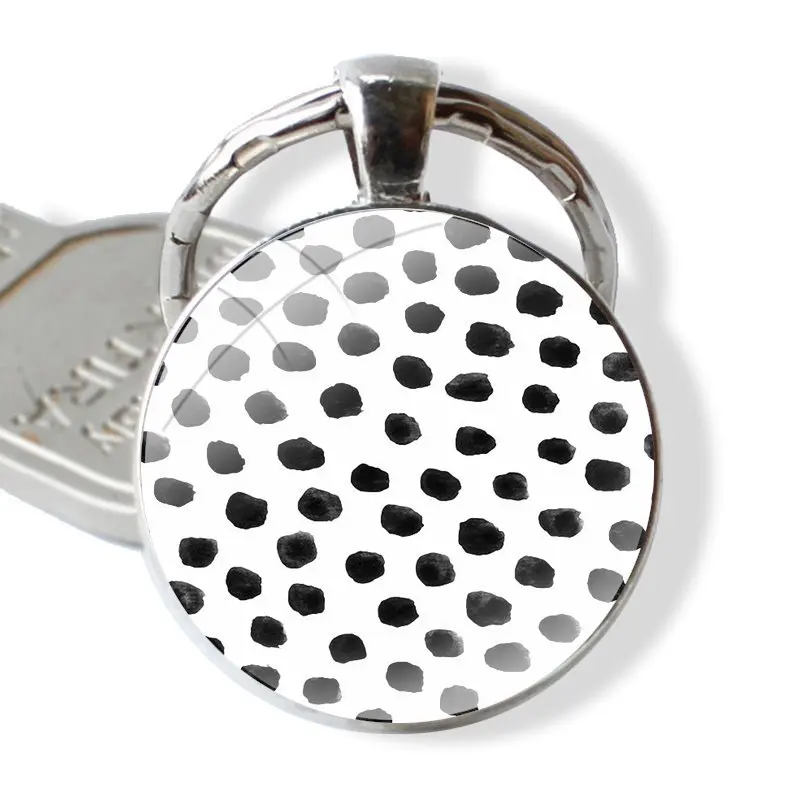 Keychain Handmade Glass Cabochon Key Ring Holder Pendant Key Chains Black and White Polka Dot