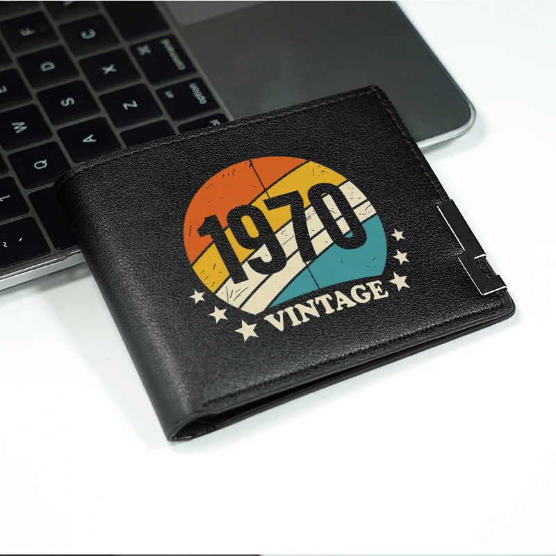 1970년 빈티지 남성용 PU 가죽 지갑 미니멀리스트 디자인 경량 내구성 비즈니스 스타일 짧은 지갑 평면 인쇄