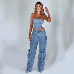 Mode Multi-Pocket Jeans neue Baggy Jeans Frauen Cargo hose Frauen High Taille Butt Lifter lose Straight-Leg Hose enge Stretch