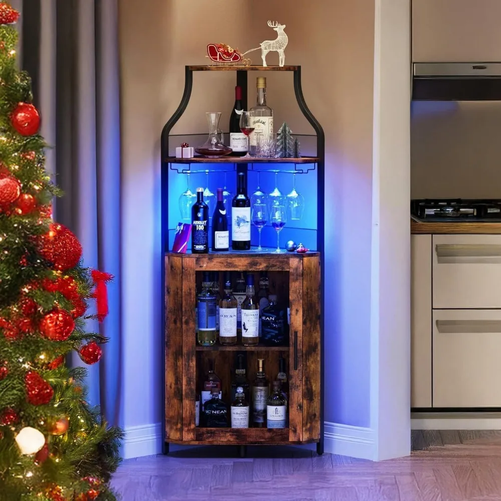 Gabinete de barra de esquina con luz LED, gabinete de bar de vino y soporte de vidrio, espacio de almacenamiento de 5 niveles, gabinete de licor de esquina, vino industrial