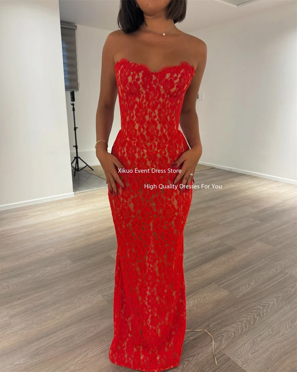 Xikuo فساتين حفلات حورية البحر الحمراء على شكل قلب من الدانتيل للنساء فستان سهرة للحفلات مثير فيستدو دي فيستا أنيقة فيمينينو لوكسو مخصص #3