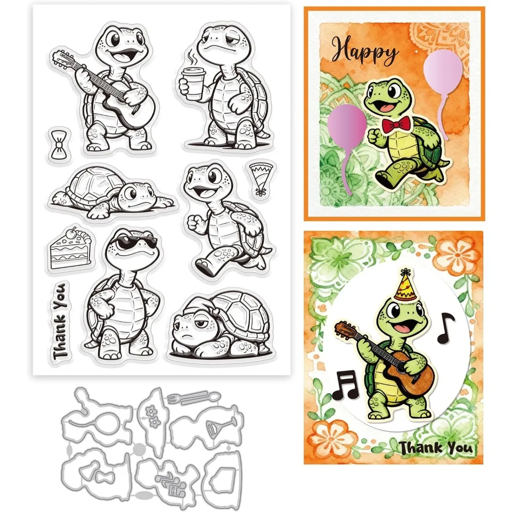 Transparente Stempel und Stanzformen mit Cartoon-Schildkröten-Motiv für die Kartenherstellung. Interessanter transparenter Silikonstempel mit Schildkröten-Motiv. Lustige Schildkröte