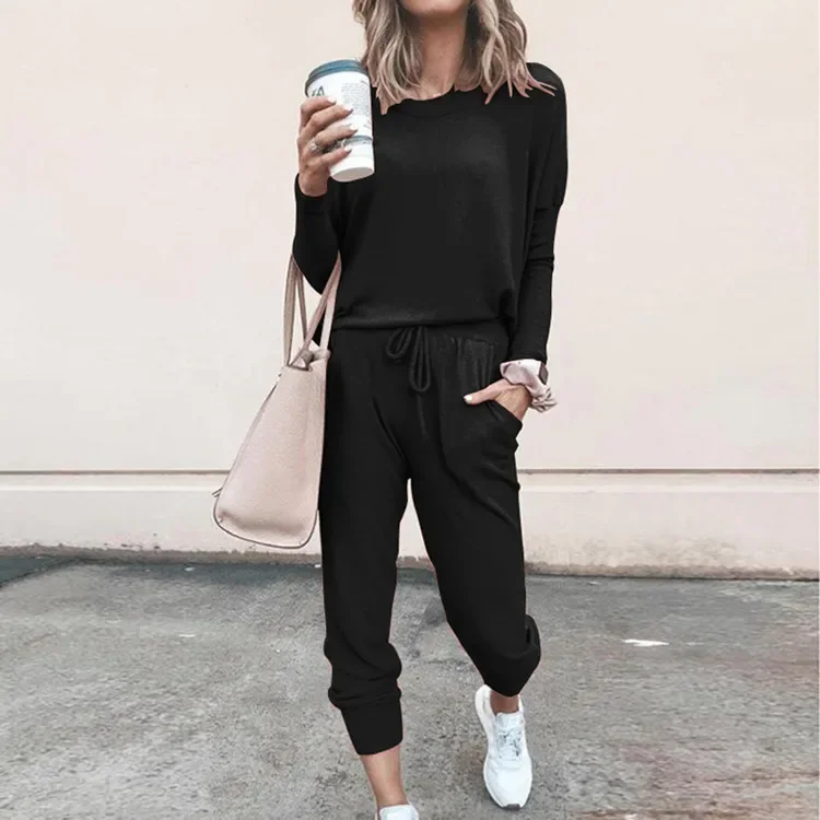 High Quality Women's Tracksuit Casual Daily Sports Home Wear Woman Shrink Sleeves Sweatshirt +Sweatpants Two-piece Suit