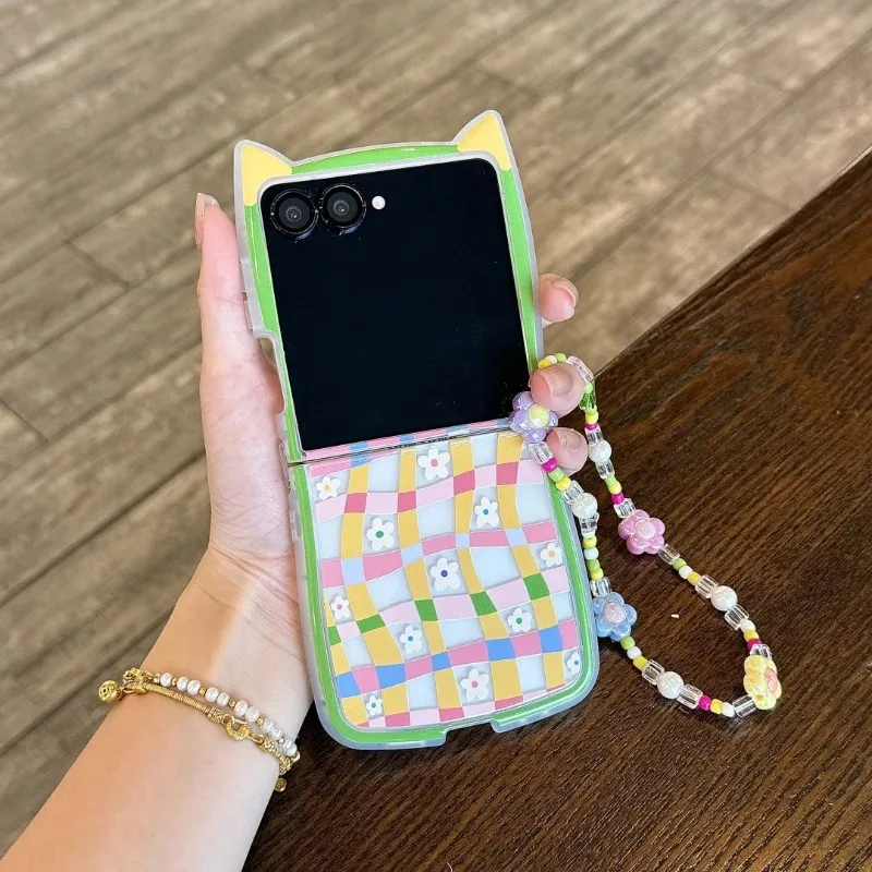 

For Samsung Galaxy Z Flip 7 Flip6 5 Flip4 3 Korean Cute 3D Cat Ear Lattice Flower Phone Case with Bracelet Protective Back Cover