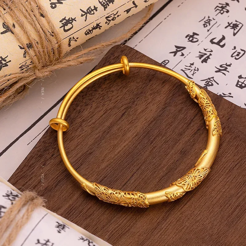 9999 Real Gold 24K New Chinese Ancient Gold Flowering Bracelet, National Style Acacia Vine Leaf Push-pull Women's Bracelet