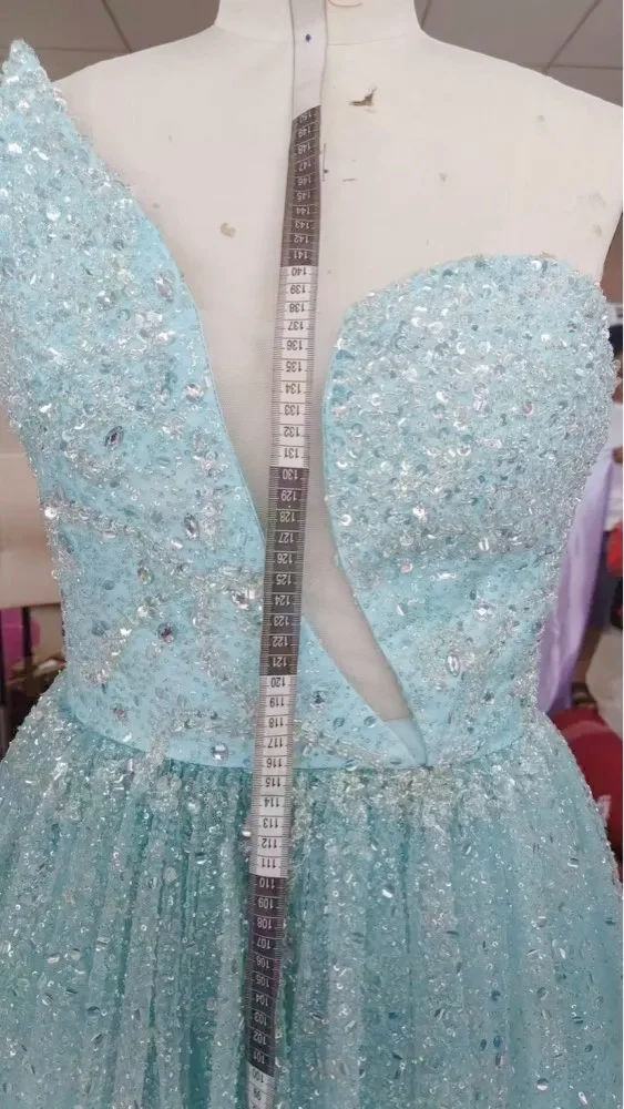 Customized Light Blue One Shoulder Prom Dresses Long for Arabic Women 2025 Beading Crystal A Line Tulle Formal Evening Gowns