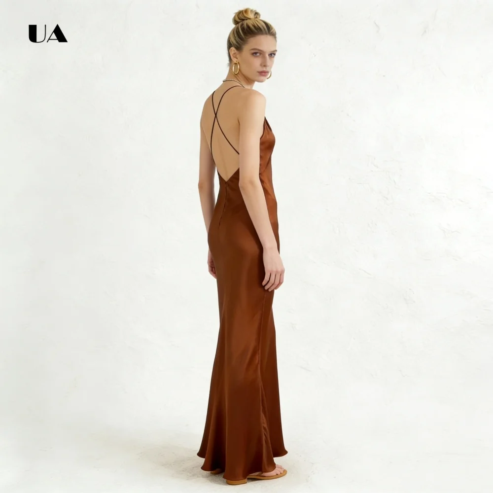 ULBYANRY Satin Straight Prom Dress with Crisscross Straps, Solid Deep V-neck Evening Dress, Sleeveless Customized Party Gown