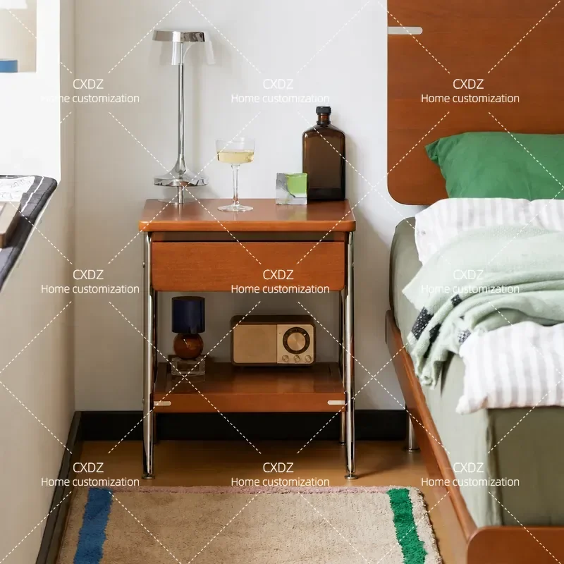 Solid Wood Bedside Table Retro Style Simple Bedroom Storage Cabinet Nightstand with Locker for Home Furniture
