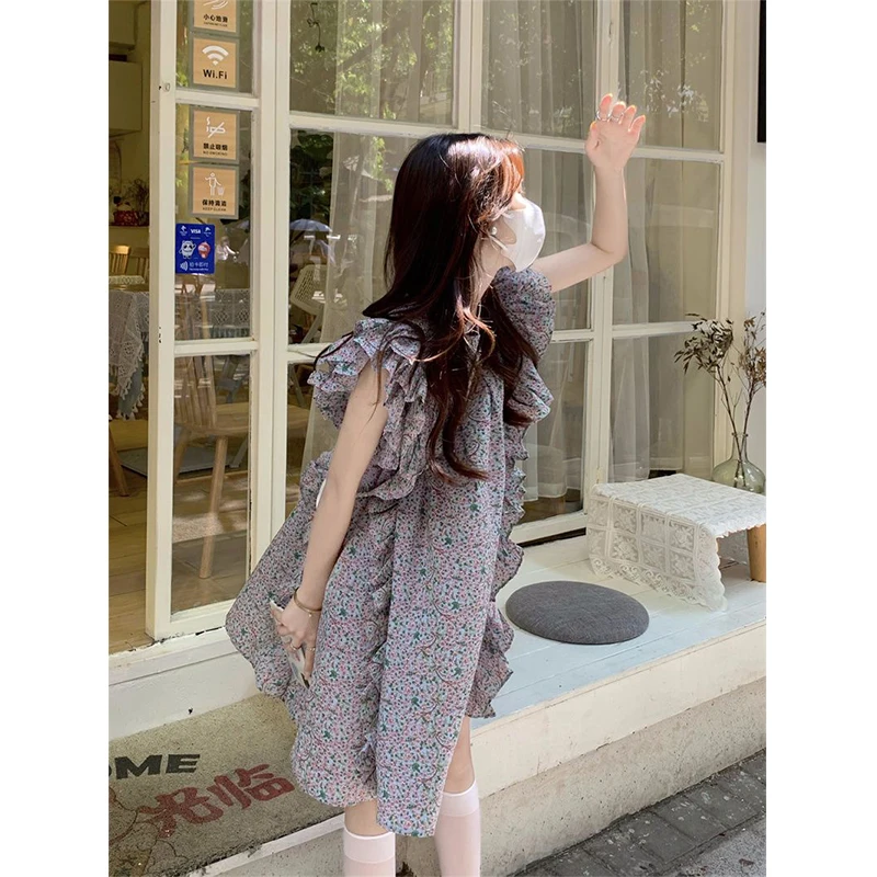 MEXZT Floral Mini Dress Women Sweet Print Flying Sleeve A Line Dresses Summer Korean Streetwear Ruffles Chic Casual Vestidos New