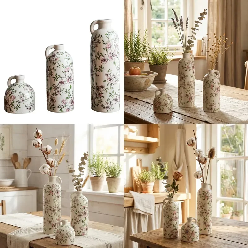 レトロな陶器製花瓶セット-3個入り-パストラルスタイル-ホームデコレーション-リビングルーム-ダイニングテーブル-デスクトップ装飾用
