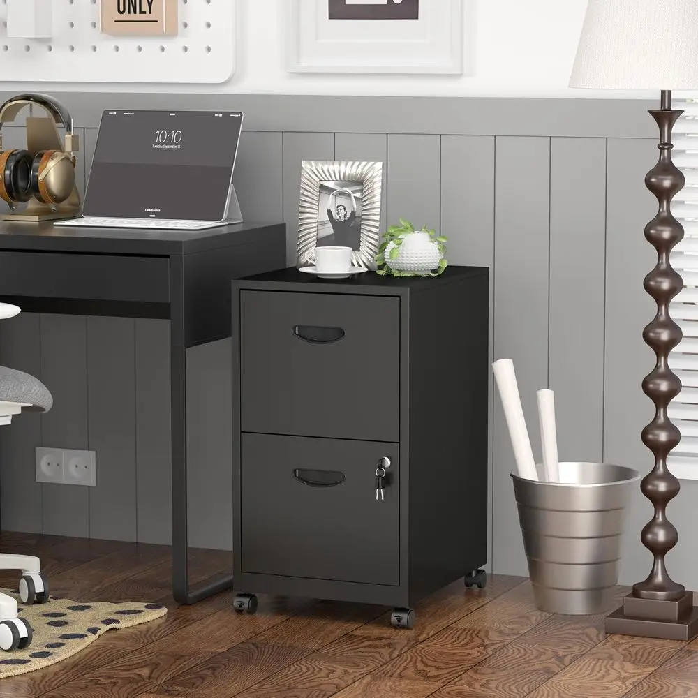 Der Cabinet with Lock, Black Rolling Cabinet for Home Office, Metal Small Mobile Filing Cabinet with Wheels or Hanging Letter