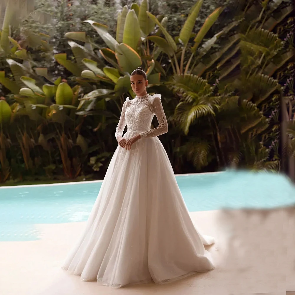 

Luxury Wedding Dresses High Neck Long Sleeve A-Line Bride Dress Beading Sequined Elegant Bridal Gown Customized vestido de novia