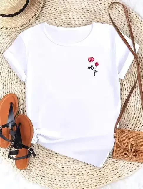 2026 Women Minimalist Casual T-Shirt, Black Tee With Red Rose Chest Graphic Print, Crew Neck Short Sleeve Effortless Chic Female Tops For Summer Daily Outfit