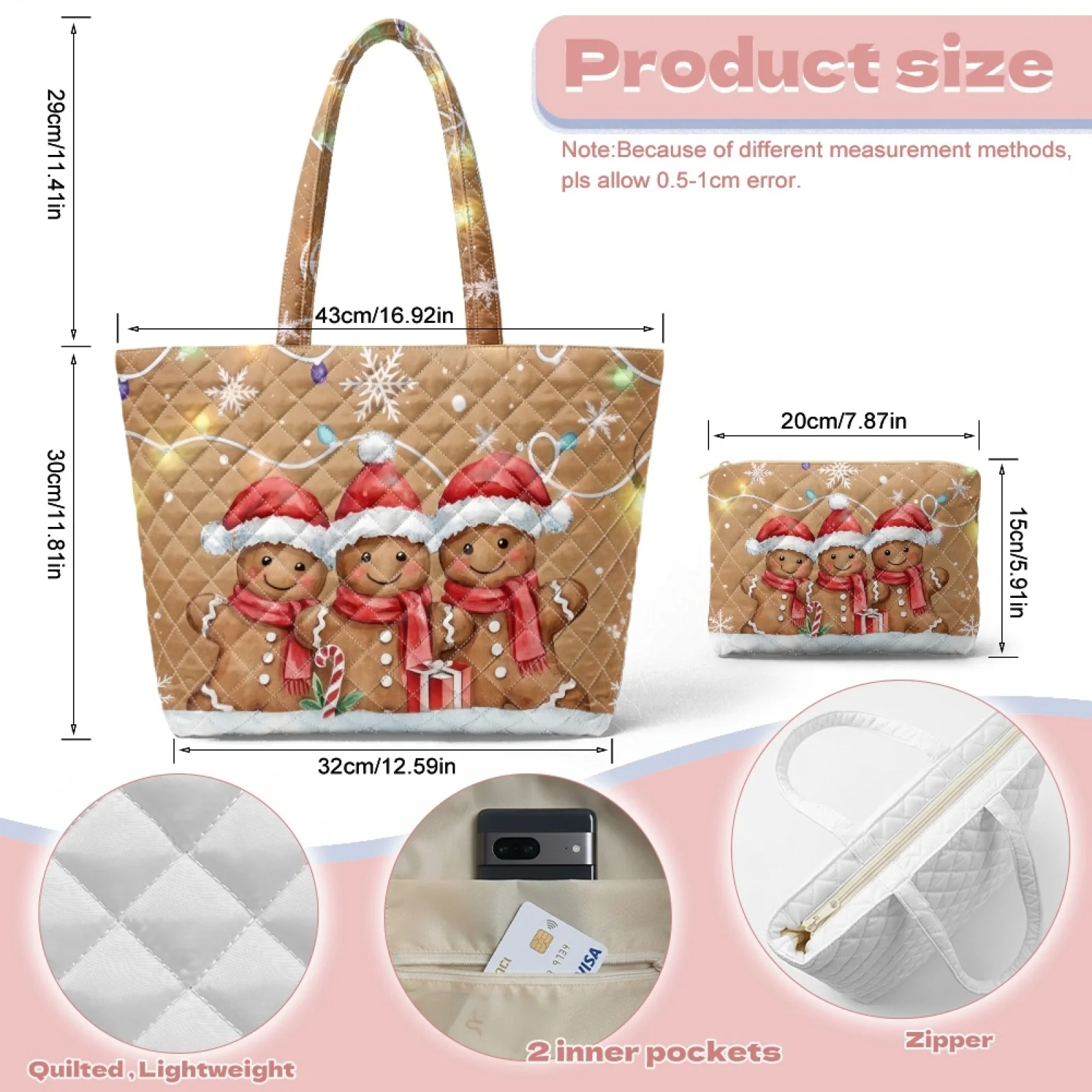 Coloranimal Gingerbread 2 Pieces Quilted Tote Bag with Wallet, Casual Shoulder Bag for Office and 2026 New Excursions