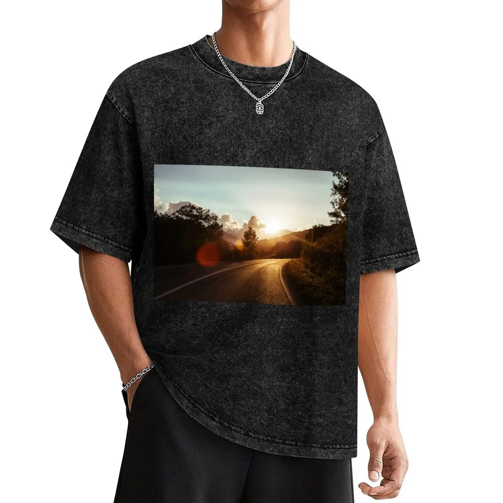 

Road at sunset T-Shirt vintage blacks plus size clothes summer clothes heavy weight t shirts for men