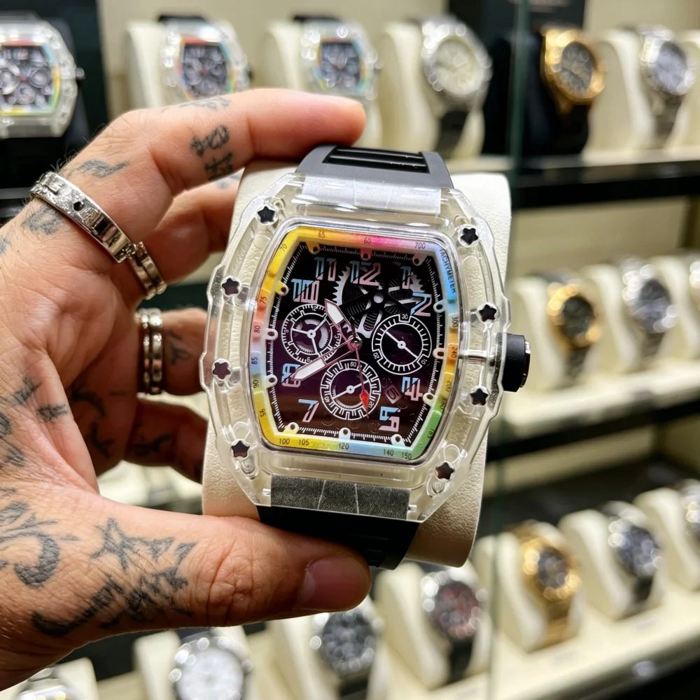 Brand New Transparent Barrel-Shaped Men's Quartz Watch, Colorful Rainbow Scale Waterproof Men's Wristwatch, Trendy Punk Niche Fashion Men's Watch, Multifunctional Light Luxury Business Sports Watch, Trendy Street Style Versatile Hot-Selling Men's Wristwatch Gift for Young People