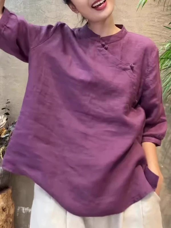 

New Chinese Sle Women's Linen irt Early Autumn Vintage National Sle Zen Collar Cotton Linen Five Sve Tops