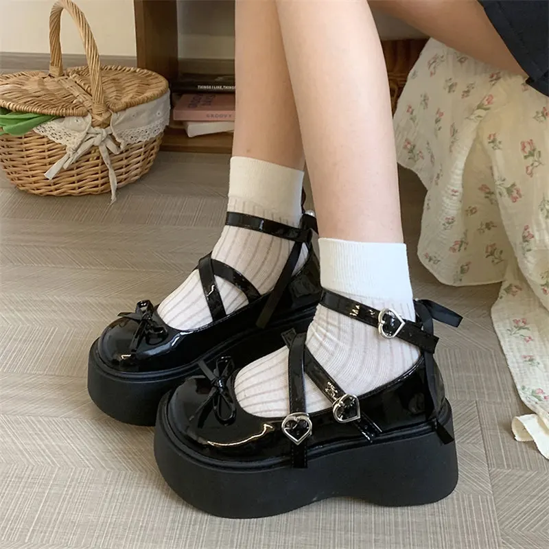 Women's Chunky Round Toe Pumps Sweet bow Lolita Shoes new Girls Kawaii heart-shaped buckle Mary Jane shoes JK Uniform Shoes image 3