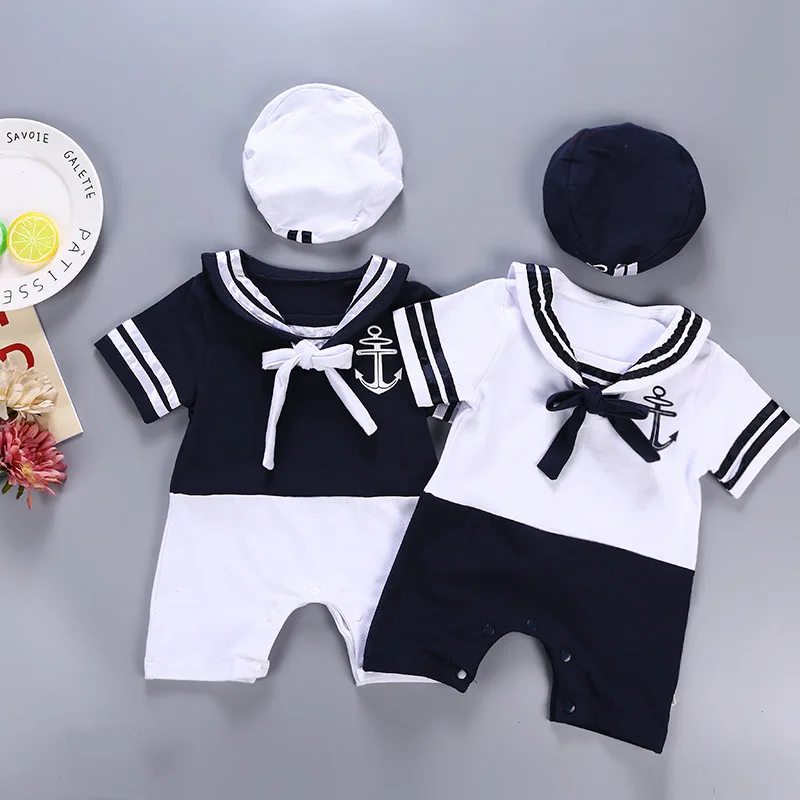 

Navy style short-sleeved Boy girl newborn clothes baby hat+Romper climbing clothes summer baby clothing set baby new born