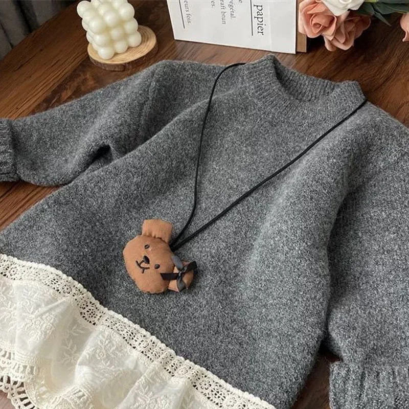 الخريف الشتاء الفتيات محبوك سترة لون نقي طويلة الأكمام قمم جولة الرقبة البلوز ملابس الأطفال مريحة نمط الحلو #4