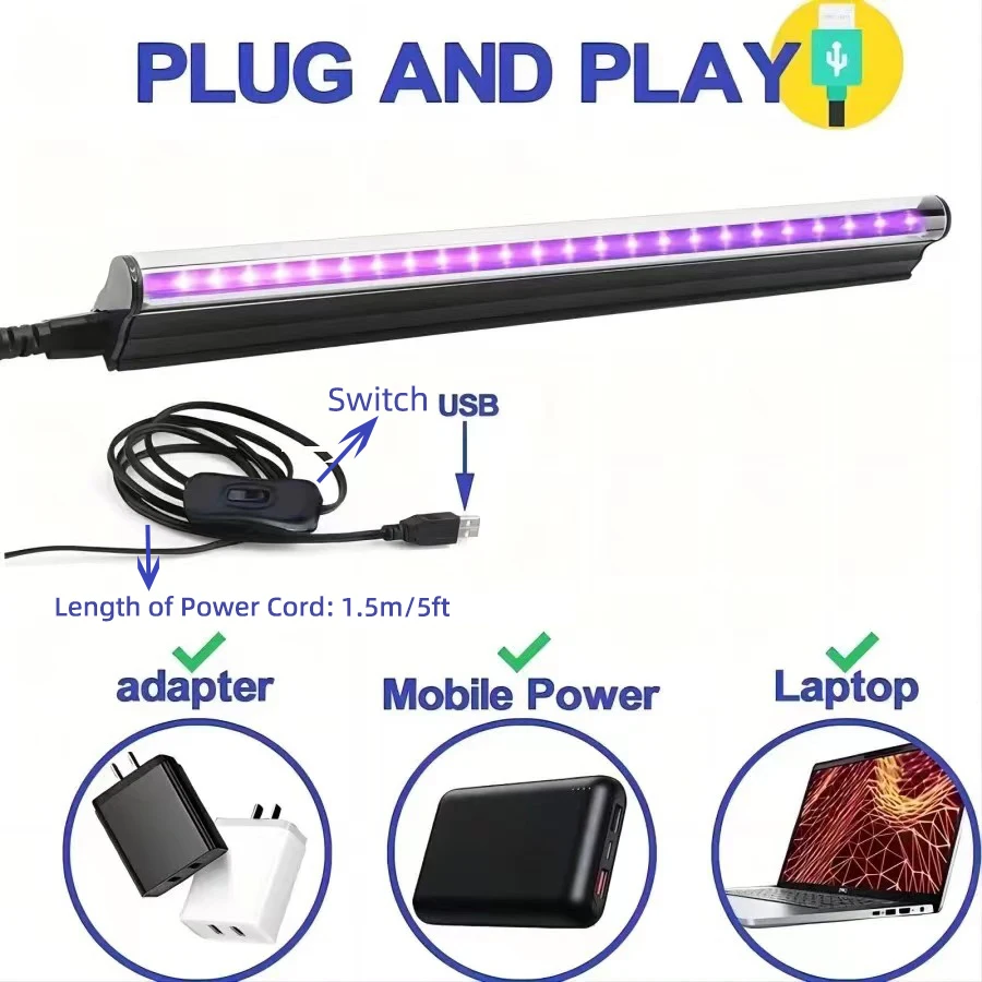 Black T5 Light Tube 5W USB UV LED  Lamp 395 nm 400nm Black Light Bar Light Effect Party Light Stage Lighting with Switch