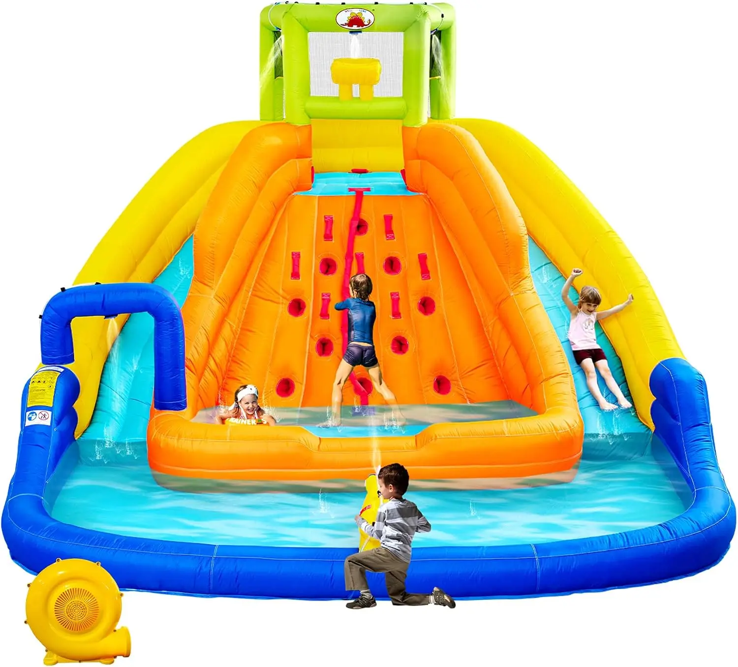 WELLFUNTIME Inflatable Water Slide, Bounce House with Water Bucket, Deep Pool, Climbing Wall with Rope, Bouncy Castle with Air B