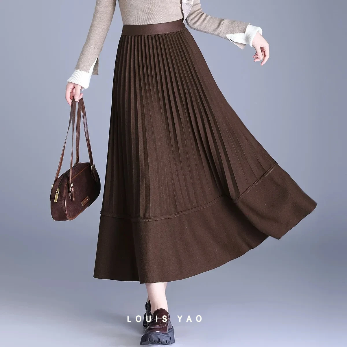 

LOUIS YAO Women's Minimalist Pleated Midi Skirt 2025 Autumn/Winter Fashionable Elegant Long Pleated A-Line Skirt for Women