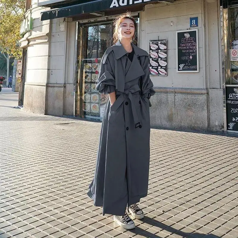 

Autumn Winter Khaki Long Trench Coat for Women 2026 Jacket Elegant Outerwear Turn-down Collar Tie Belt Korean Chic Windbreaker