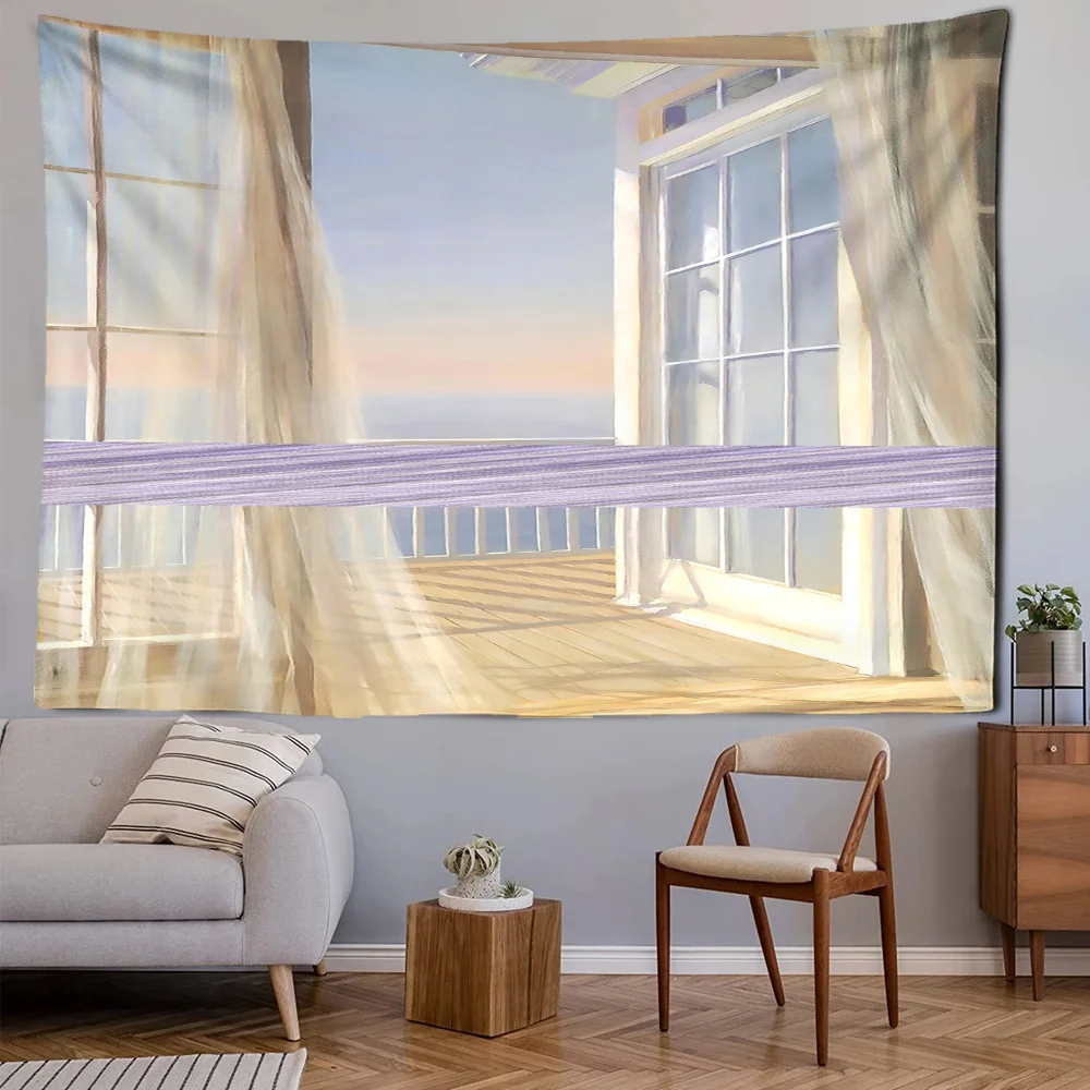 Dream Screen Window Sunshine Beautiful Tapestry Balcony Sea View White Style Dormitory Bedroom Kitchen Wall Hangings Home Decor