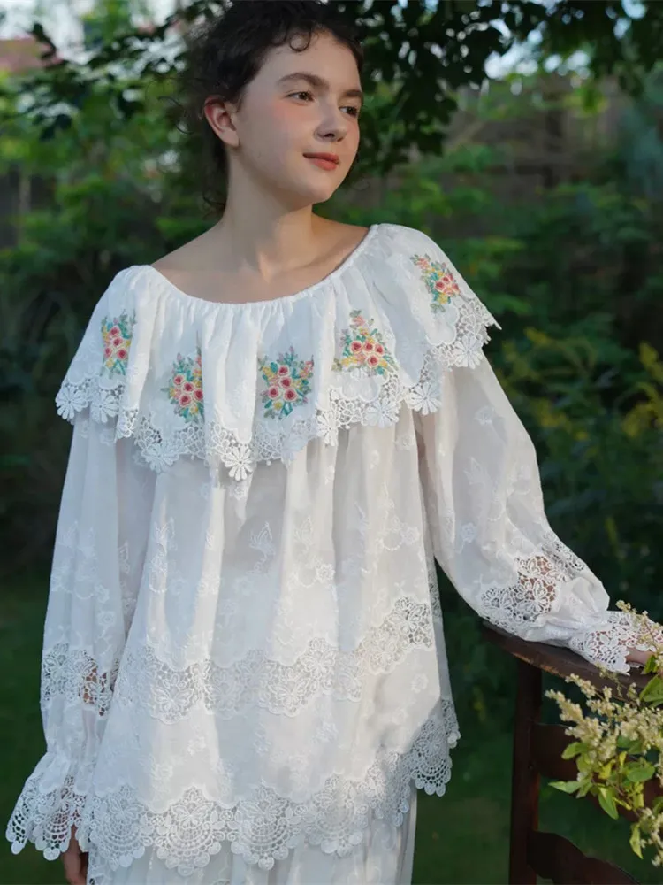 120cm Bust Spring Autumn Oversized Shirts Tops Women Elegant Handmade Embroidered Cutout Boat Neck Luxurious All-Over Embroidery
