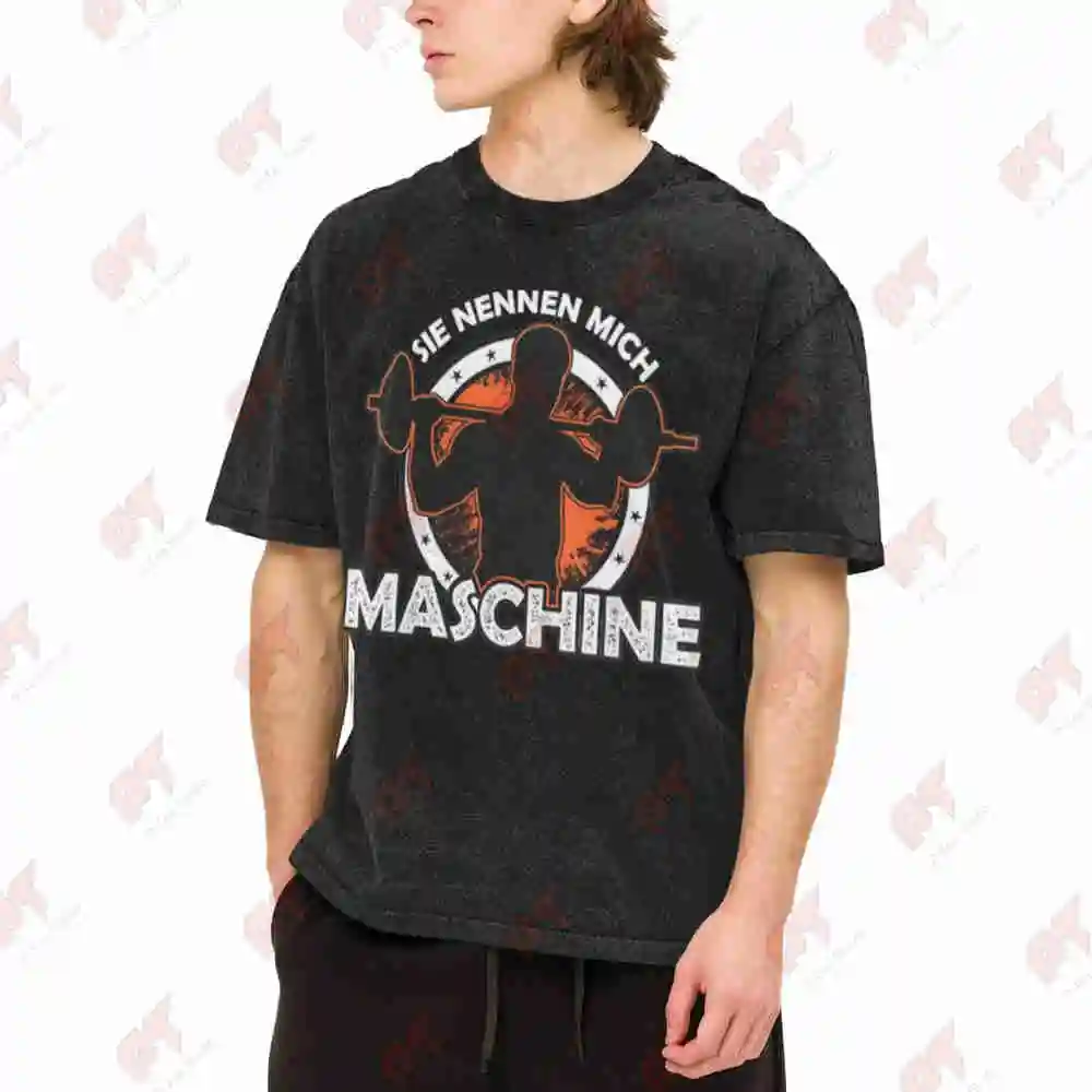 German Gym Saying Machine Weightlifting Vintage Washed Tee Pure Cotton T-Shirt