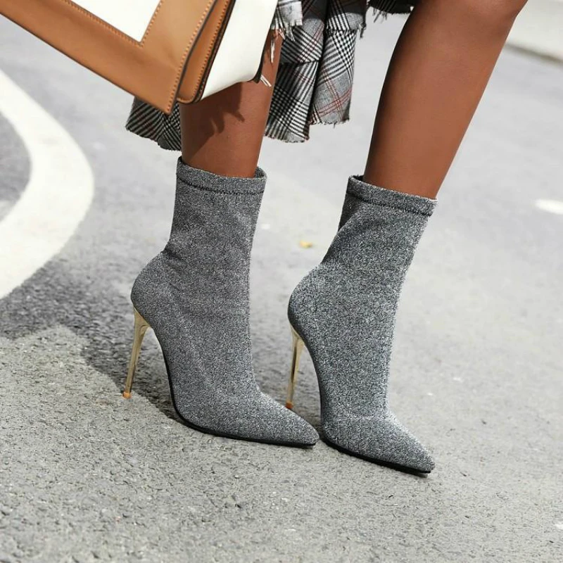 Sexy Sock Boot Female Stretch Slim Ankle Boots For Women High Heels Fashion Leopard Silver Party Shoes Spring Autumn Big Size 48