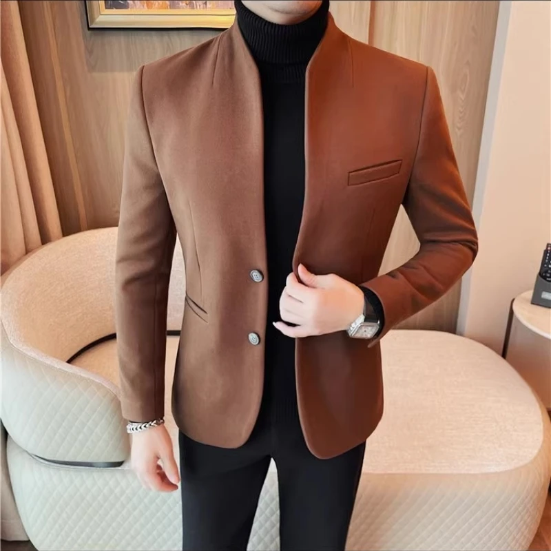 Top Quality Winter Men\'s Woolen Suit Jacket Slim Casual Business Blazer Masculino Stand Collar Social Banquet Wedding Dress Coat