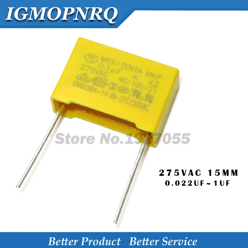 10pcs X2 Safety capacitor 15mm 275VAC 275V 0.022UF 0.047UF 0.1UF 0.15UF 0.22UF 0.33UF 0.47UF 0.68UF 1UF Polypropylene film