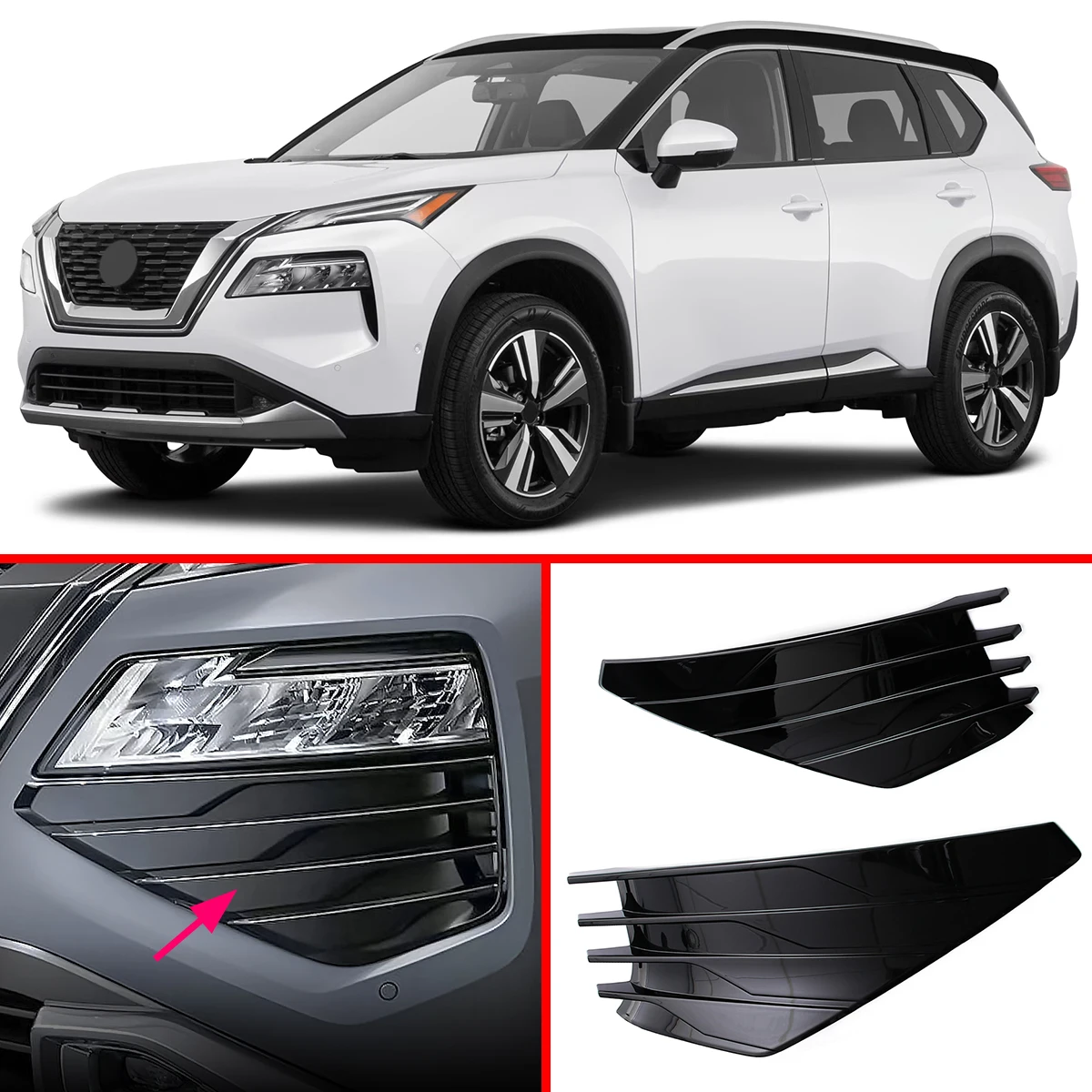 

Для Nissan X-Trail 2023 2024 2025 Rogue 2021 2022, передний бампер, противотуманные фары, решетка, накладки, внешняя крышка Farme, глянцевый черный
