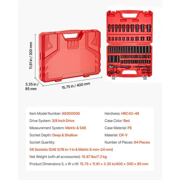 3/8 in Drive Impact Socket Set, 64 Piece, 6 Point Deep & Shallow Impact Sockets, SAE (5/16 in to 1 in) and Metric (6 to 24 mm) S