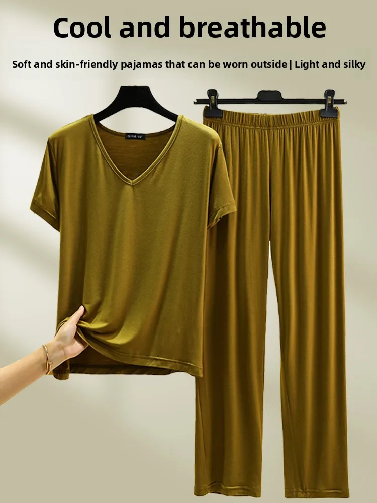 

Летний домашний комплект из модала July Deer: тонкий, больших размеров, из двух предметов, простой однотонный повседневный костюм