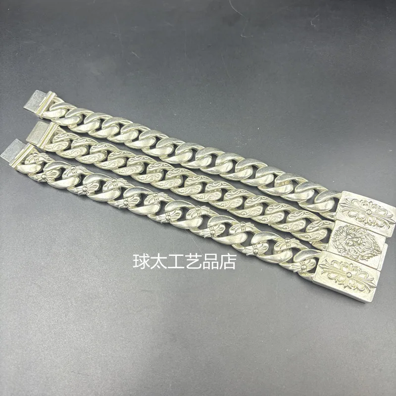 Miao Ethnic Silver Bracelet, Design, Vintage Relief Carving, Twelve Zodiac Signs, Horseshoe Chain, Men