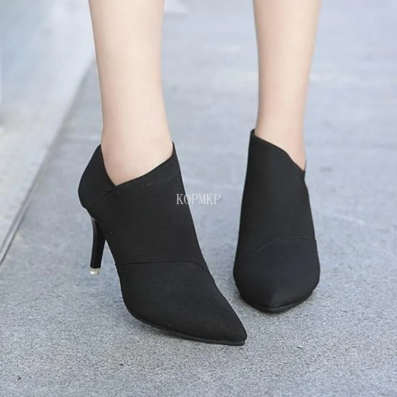 2024 Grey Fashion Women High Heel Booties Female High-Heeled Boots Young Ladies Booties 8.5cm Heel Cloth Boots Large Size 34-41