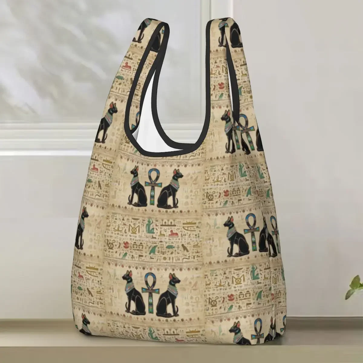 Egyptian Cats And Ankh Cross Shopping Bag Portable Tote Bags Reusable Shoulder Shopper Bag Groceries Handbag