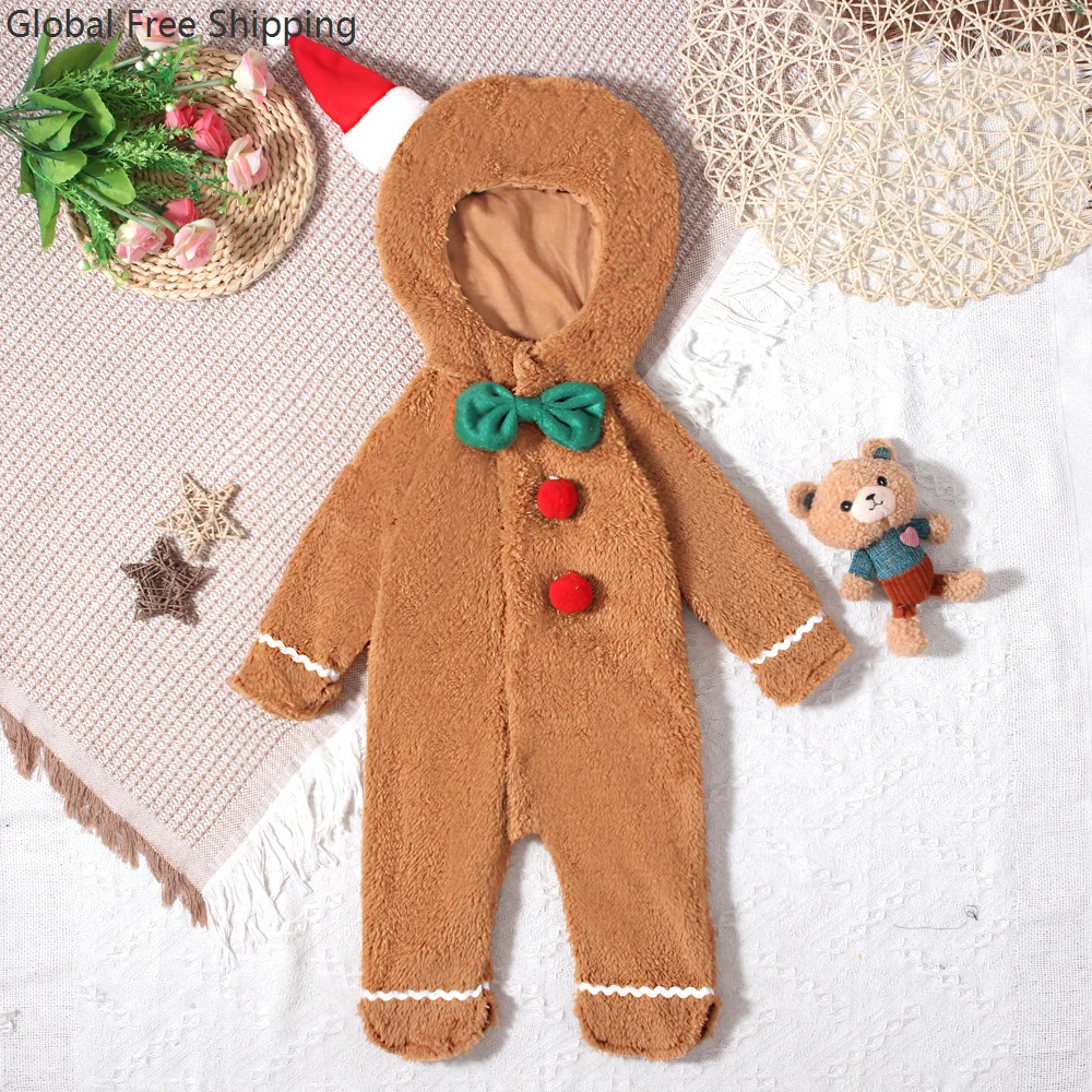 

0-24 Months Baby Girl Boy Christmas Plush Bodysuit Holiday Cosplay Gingerbread Man Cute Children's Hooded Bodysuit Crawling Suit
