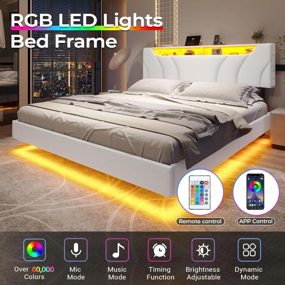 Floating Bed Frame,with LED Lights Bed Frame with Storage Headboard Faux Leather Upholstered Platform Bed with USB Type-C Ports