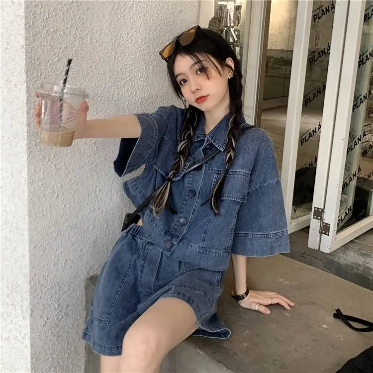 Korea New Summer Fashion Denim Two-piece Set Women Short Sleeve Short Coat High Waist Slim Shorts Casual Y2K Shorts Set Outfits