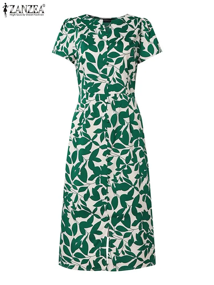 ZANZEA Women Floral Printed Midi Dress Vintage Short Sleeve Robe Fashion Summer V-neck Vestidos Casual Waisted Split Dresses
