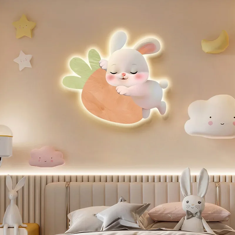 Cartoon Modern Bedroom Decoration Painting Rabbit Main Bedroom Room Headboard Background Wall Hanging Painting Led Light Mural