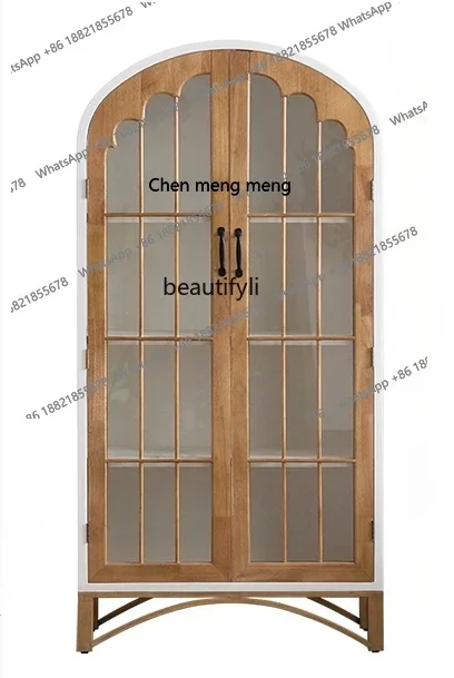 

xzFrench Solid Wood with Glass Cabinet Door Integrated Wall Living Room Half Wall Floor Retro Wine Cabinet Display Cabinet