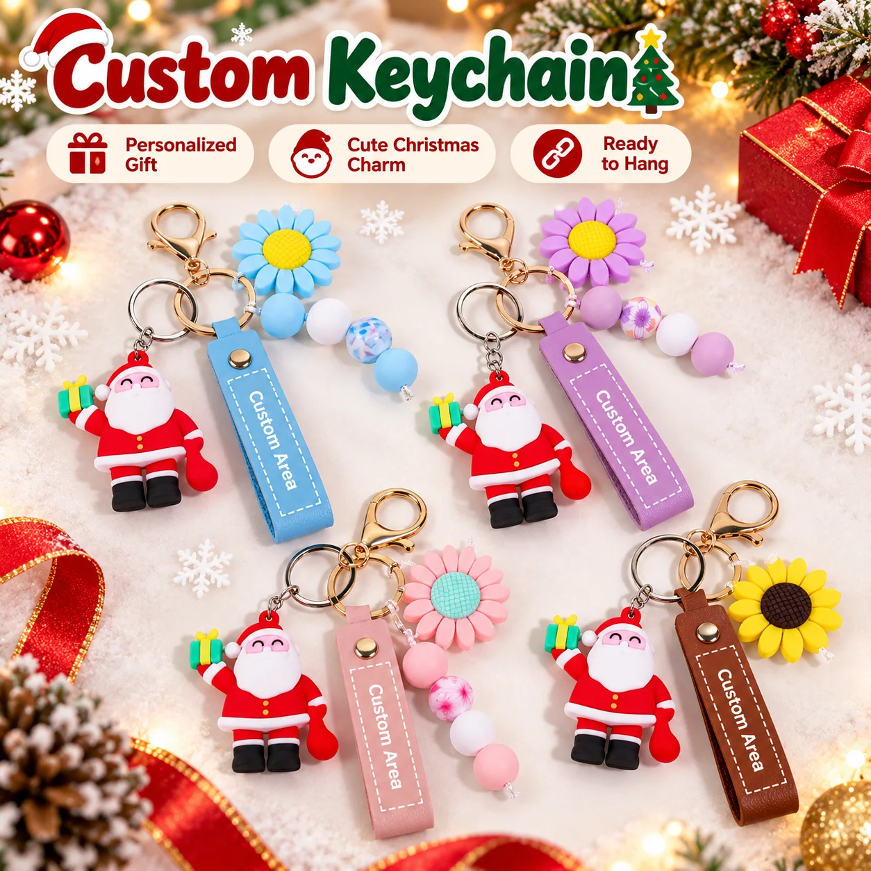 Custom Name Keychain PU Leather Bag Charm Cute Daisy Santa Pendant Key Ring Fashionable Car Keys Holder Gift For Her