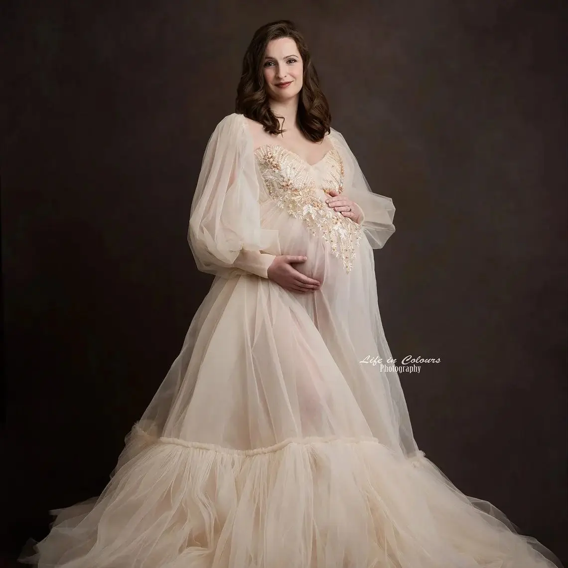 Elegant Iovry Maternity Photography Pearls Luxurious Vestidos de Noche Photo Shoot Props Lace Appliqued Pregnancy Party Gowns