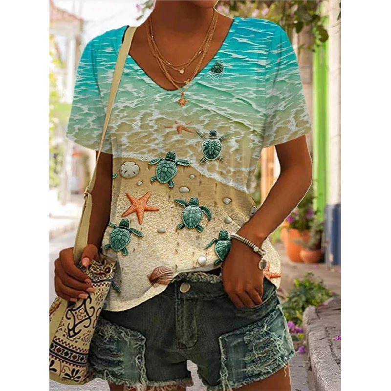 Summer Sea Turtle 3D Print T Shirt Women V-Neck Short Sleeve T-shirts Y2k Tops Harajuku Streetwear Oversized Tee Woman Clothing