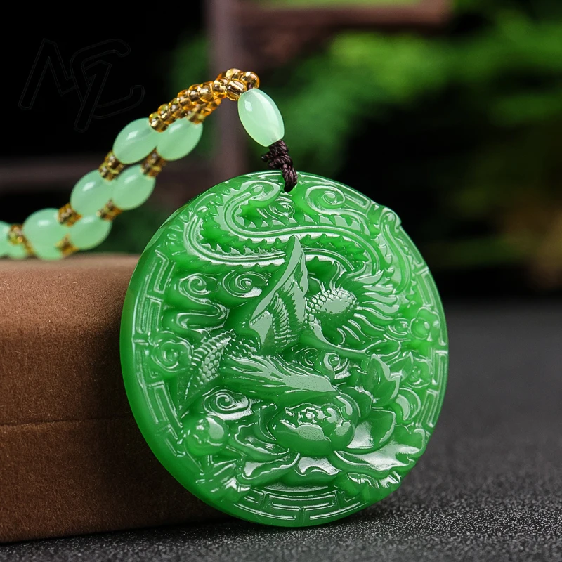 

Natural Green Jade Phoenix Peony Pendant Necklace Fashion Accessories Charm Jewelry Carved Amulet Gifts for Men Women New Charm